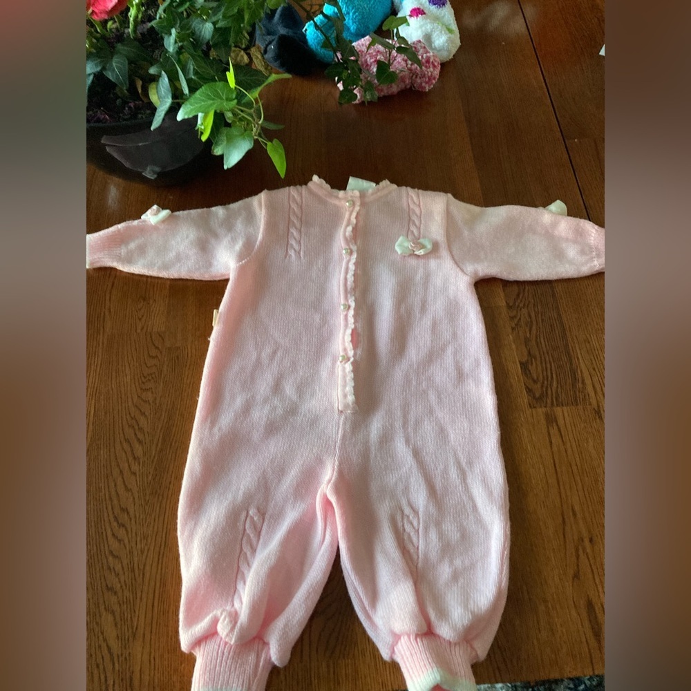 Vintage Baby Pink knit white bows buttons  romper size 6/9 months Baby Kisses